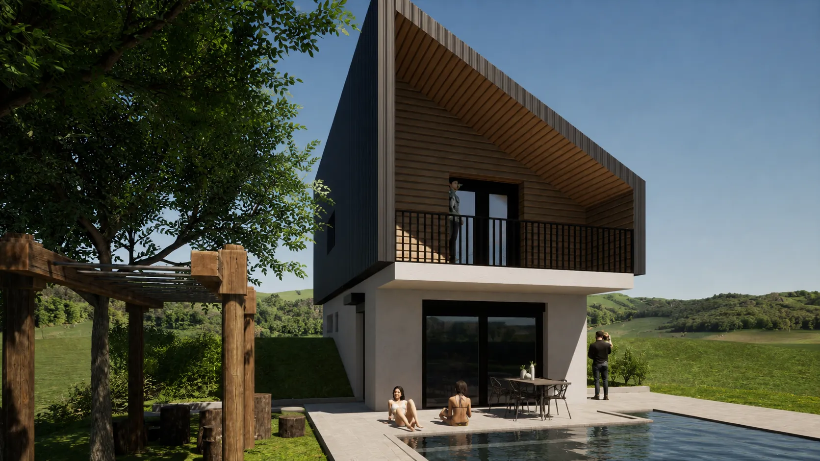 Modern minimalist family house with dark metal-clad upper floor, white rendered ground floor, and recessed outdoor terrace surrounded by greenery.
