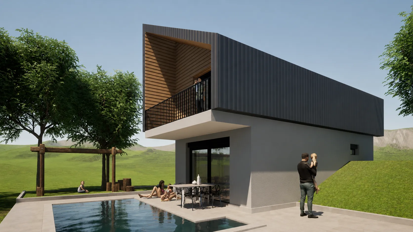 Minimalist side elevation of a contemporary house with dark metal cladding, small windows, and integrated pool terrace.
